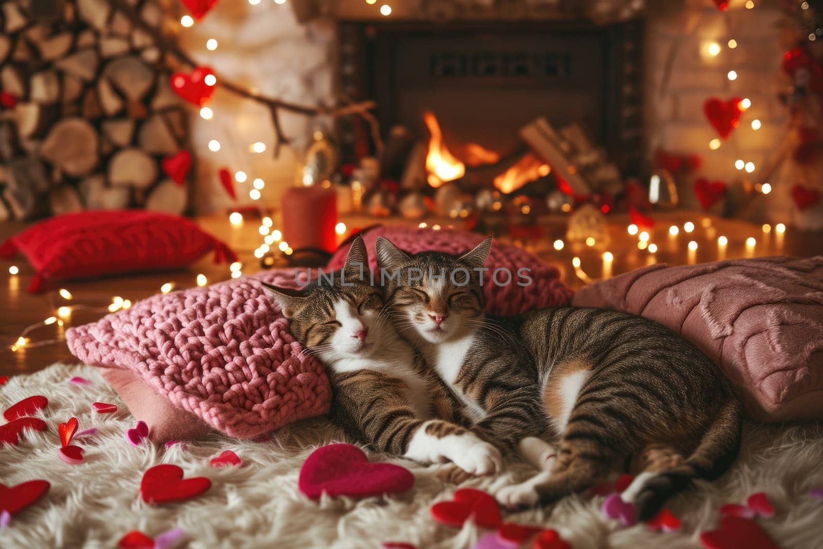 A couple of happy kittens cats together in a cozy room. Kittens loving each other. Adorable cat hugs for Valentine's Day. pragma