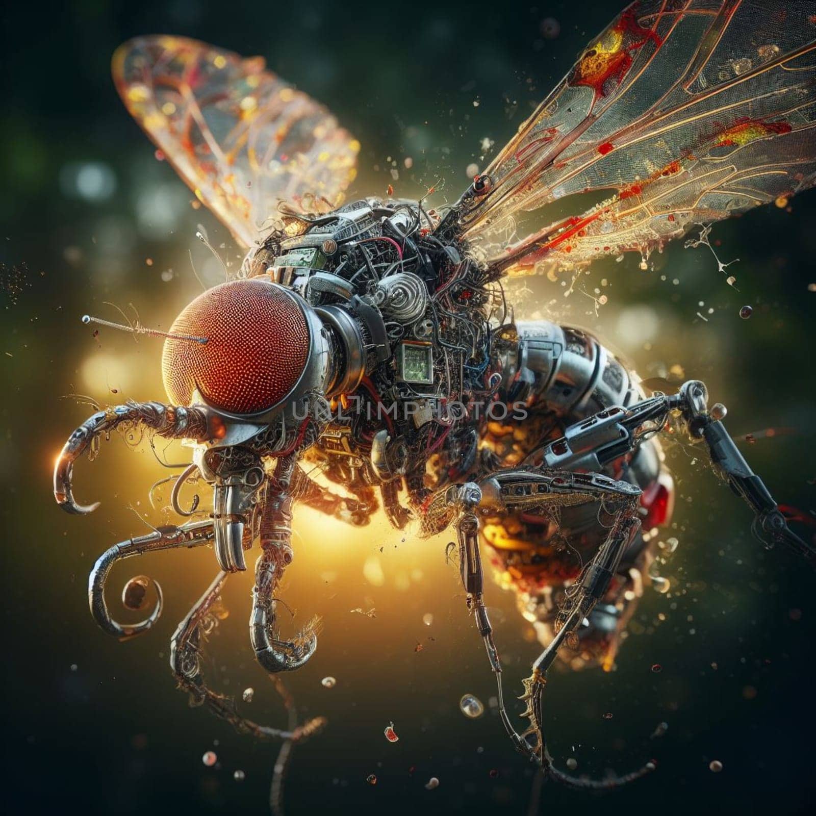 genetically modified macro closeup of nano robot engineered weapon mosquito in action concept design by verbano