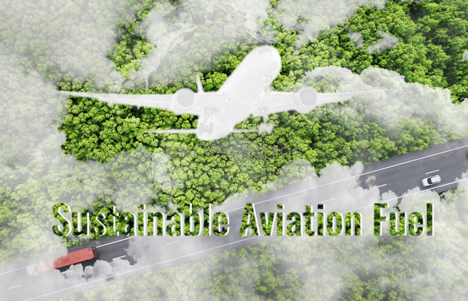 Sustainable aviation fuel concept. Net zero emissions flight. Sustainability transportation. Eco-friendly aviation fuel. Air travel. Future of flight with green innovation. Airplane use biofuel energy by Fahroni