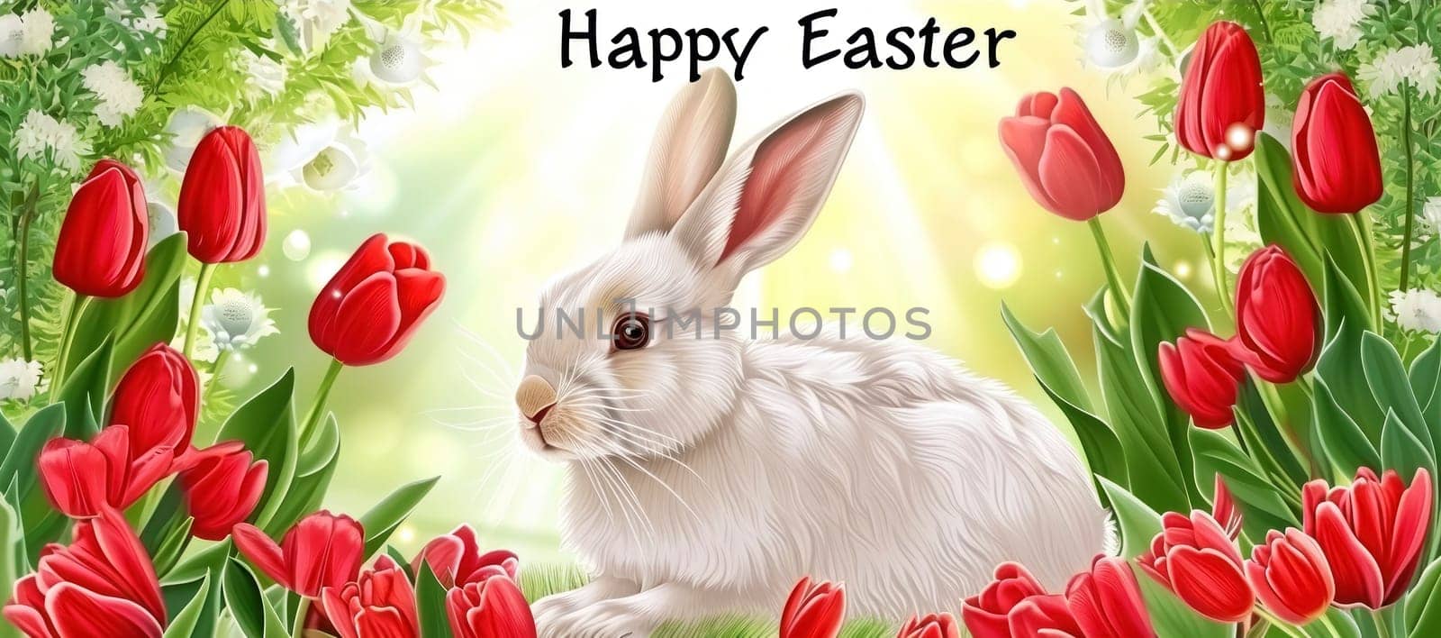 A vibrant Easter banner featuring an illustrated white bunny nestled among a field of red tulips, with a bright Happy Easter message.