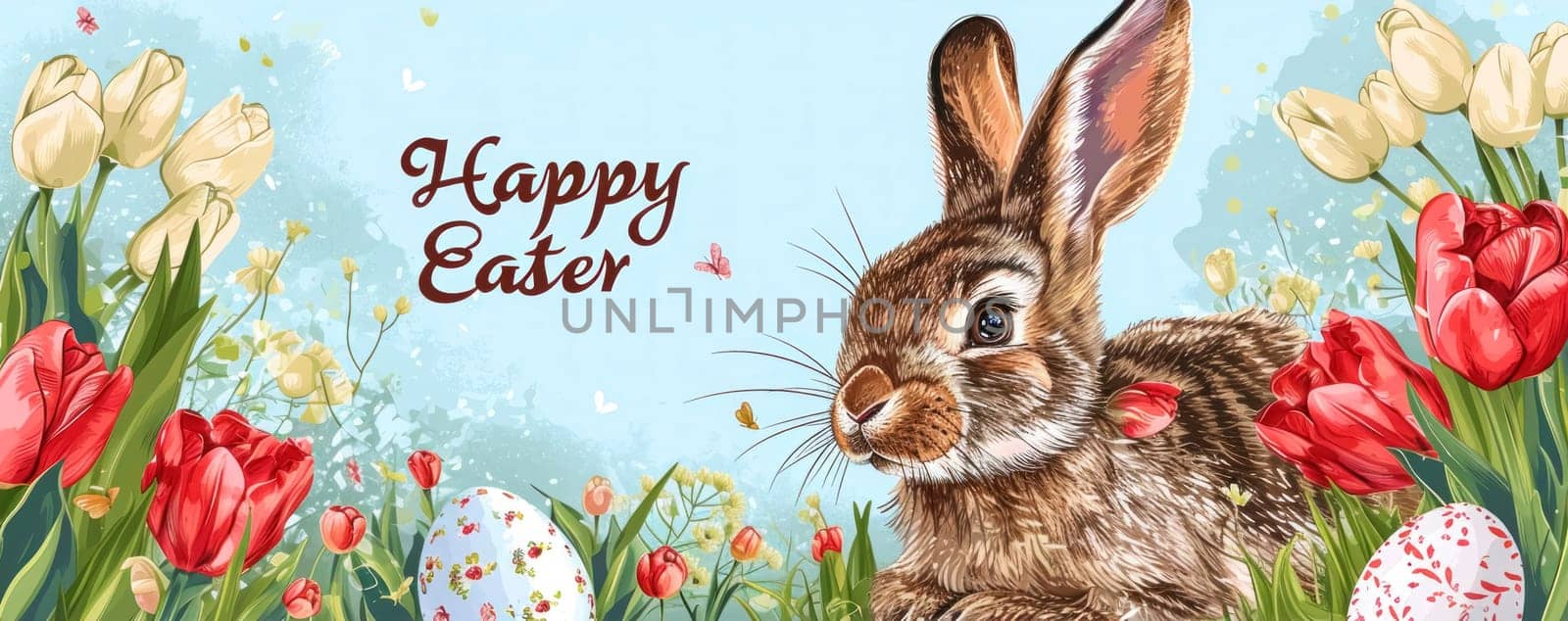 A festive Easter banner depicting a lifelike bunny with a backdrop of radiant red tulips and intricately decorated eggs, embodying the joy of the holiday.