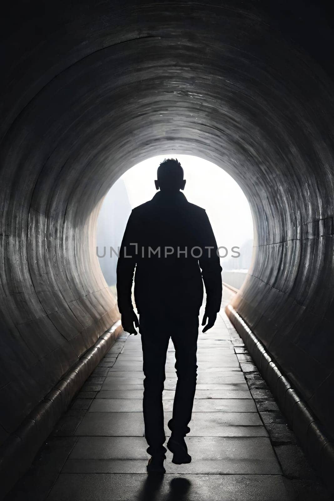 Silhouette of a man in a dark tunnel. Conceptual image. Business concept.Silhouette of a man standing in a dark tunnel with light.Silhouette of a man walking through a tunnel with light coming through.Man standing in a tunnel looking at the light coming from the end.