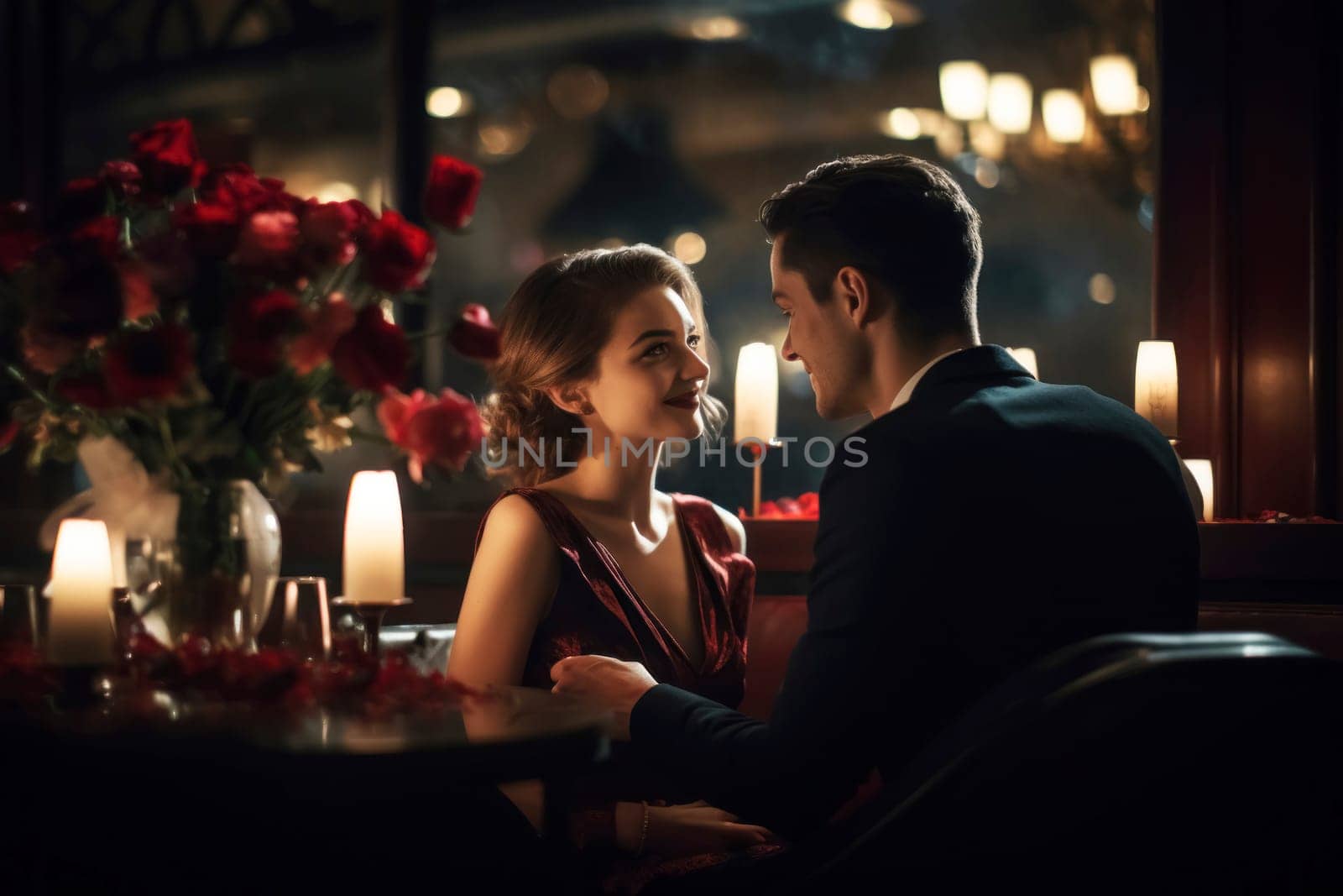 Beautiful young couple having a romantic dinner and drinking wine on Valentine's Day at a luxurious restaurant