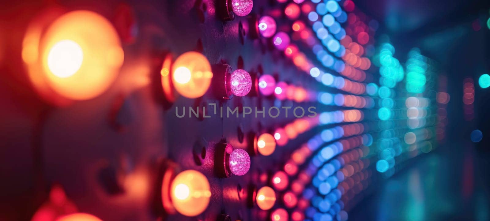 Disco style background with neon blue and purple lights, bokeh by andreyz