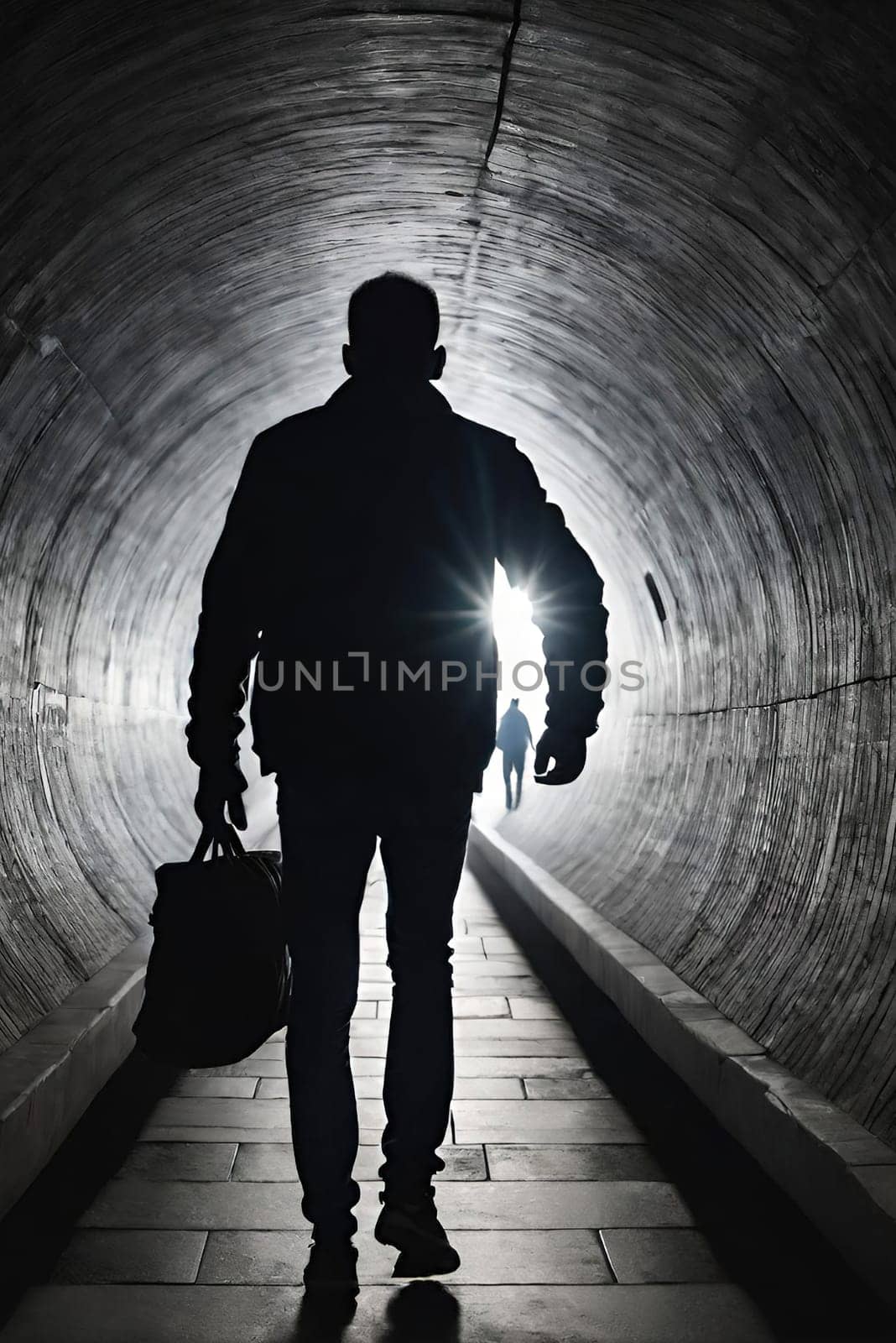 Silhouette of a man in a dark tunnel. Conceptual image. Business concept.Silhouette of a man standing in a dark tunnel with light.Silhouette of a man walking through a tunnel with light coming through.Man standing in a tunnel looking at the light coming from the end.