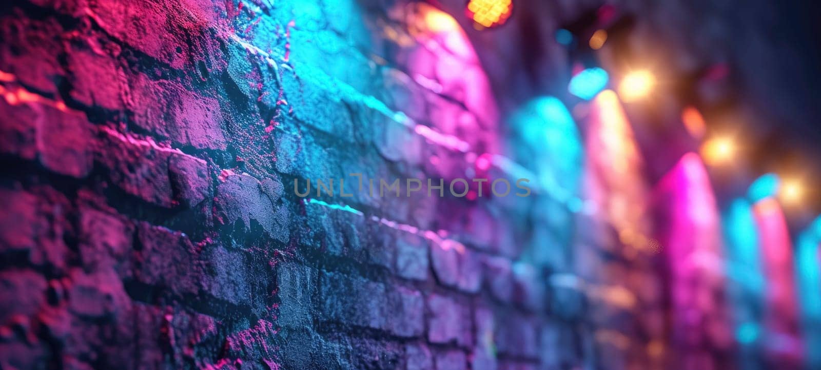 Disco style background with brick wall with neon blue, purple and yellow lights, bokeh.