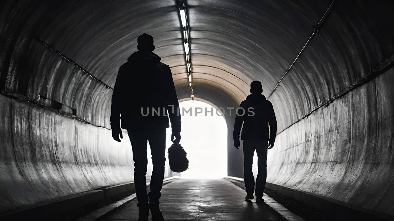 Silhouette of a man in a dark tunnel. Conceptual image. Business concept.Silhouette of a man standing in a dark tunnel with light.Silhouette of a man walking through a tunnel with light coming through.Man standing in a tunnel looking at the light coming from the end.