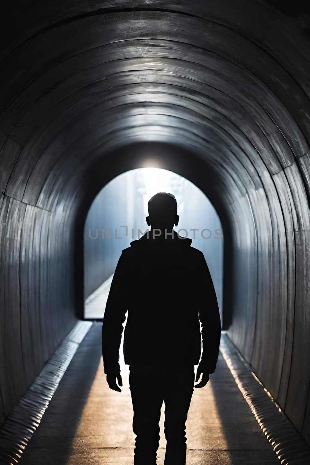 Silhouette of a man in a dark tunnel. Conceptual image. Business concept.Silhouette of a man standing in a dark tunnel with light.Silhouette of a man walking through a tunnel with light coming through.Man standing in a tunnel looking at the light coming from the end.