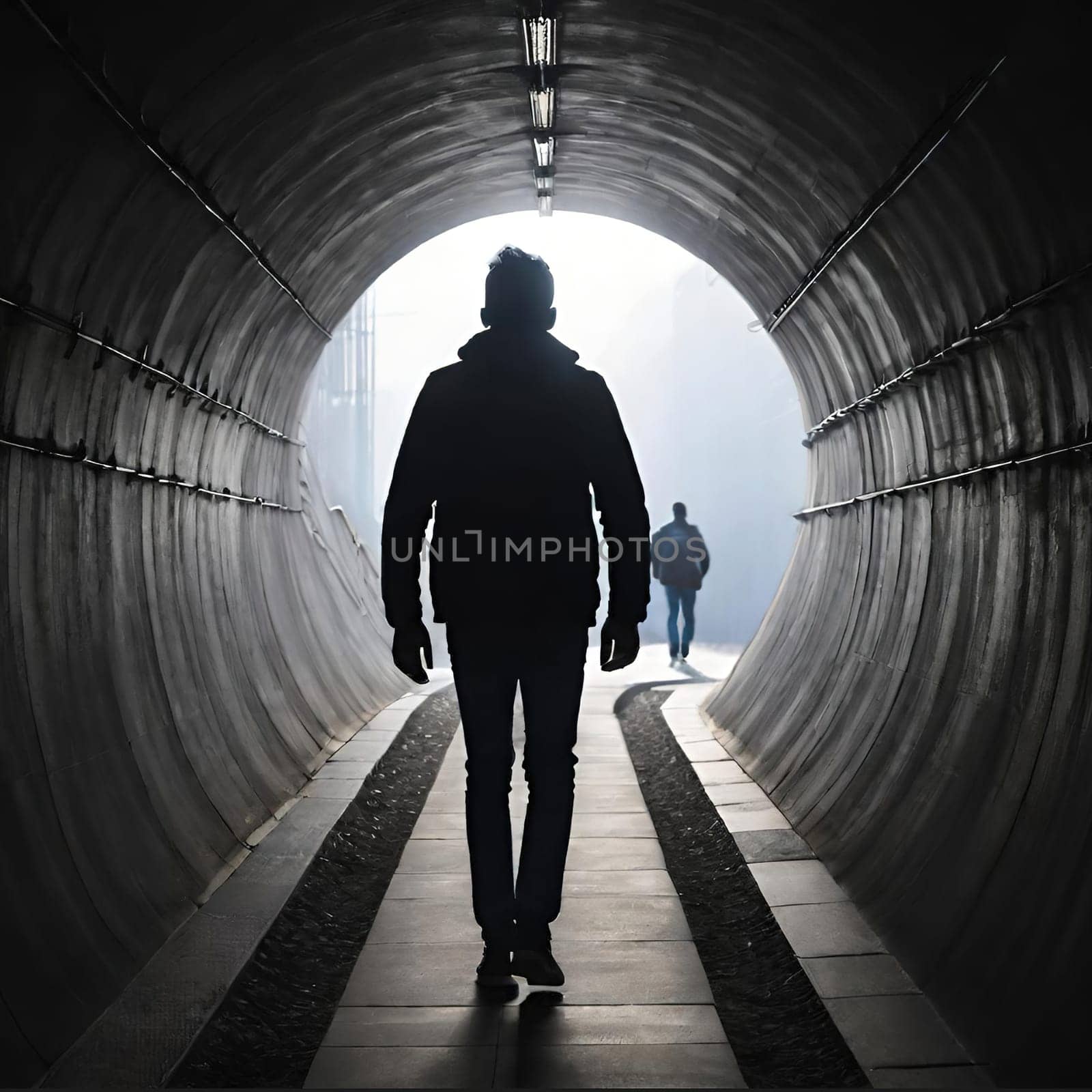 Silhouette of a man in a dark tunnel. Conceptual image. Business concept.Silhouette of a man standing in a dark tunnel with light.Silhouette of a man walking through a tunnel with light coming through.Man standing in a tunnel looking at the light coming from the end.