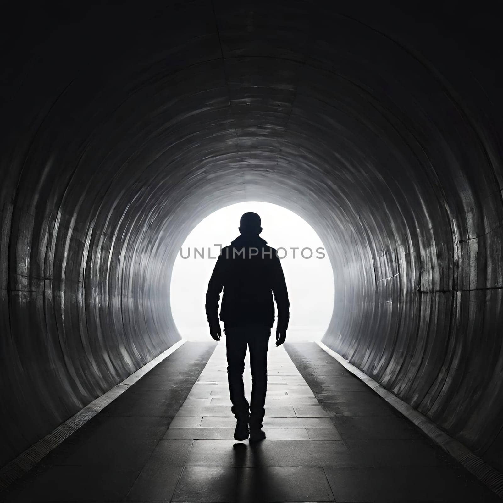 Silhouette of a man in a dark tunnel. Conceptual image. Business concept.Silhouette of a man standing in a dark tunnel with light.Silhouette of a man walking through a tunnel with light coming through.Man standing in a tunnel looking at the light coming from the end.