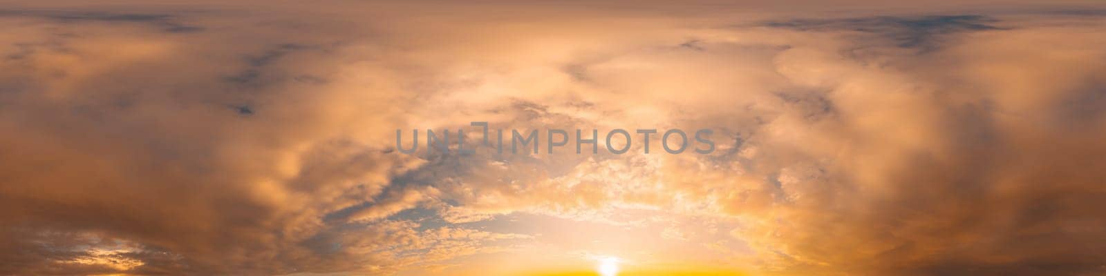 Sunset sky panorama with bright glowing pink Cumulus clouds. HDR 360 seamless spherical panorama. Full zenith or sky dome in 3D, sky replacement for aerial drone panoramas. Climate and weather change. by Matiunina