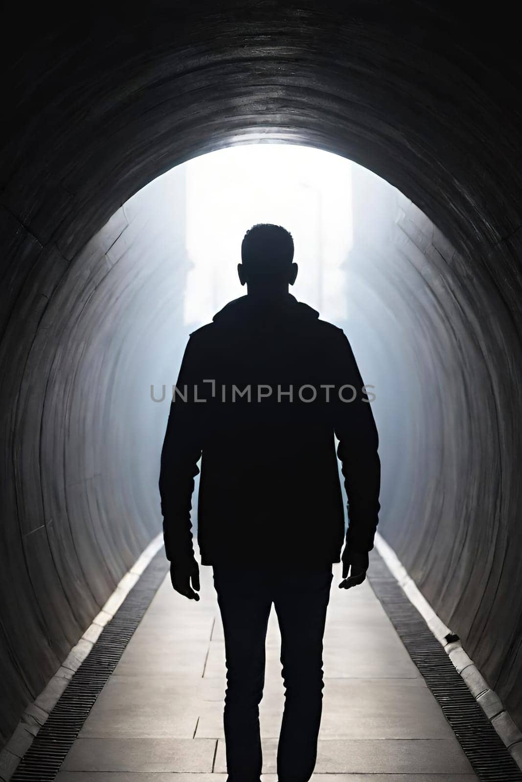 Silhouette of a man in a dark tunnel. Conceptual image. Business concept.Silhouette of a man standing in a dark tunnel with light.Silhouette of a man walking through a tunnel with light coming through.Man standing in a tunnel looking at the light coming from the end.