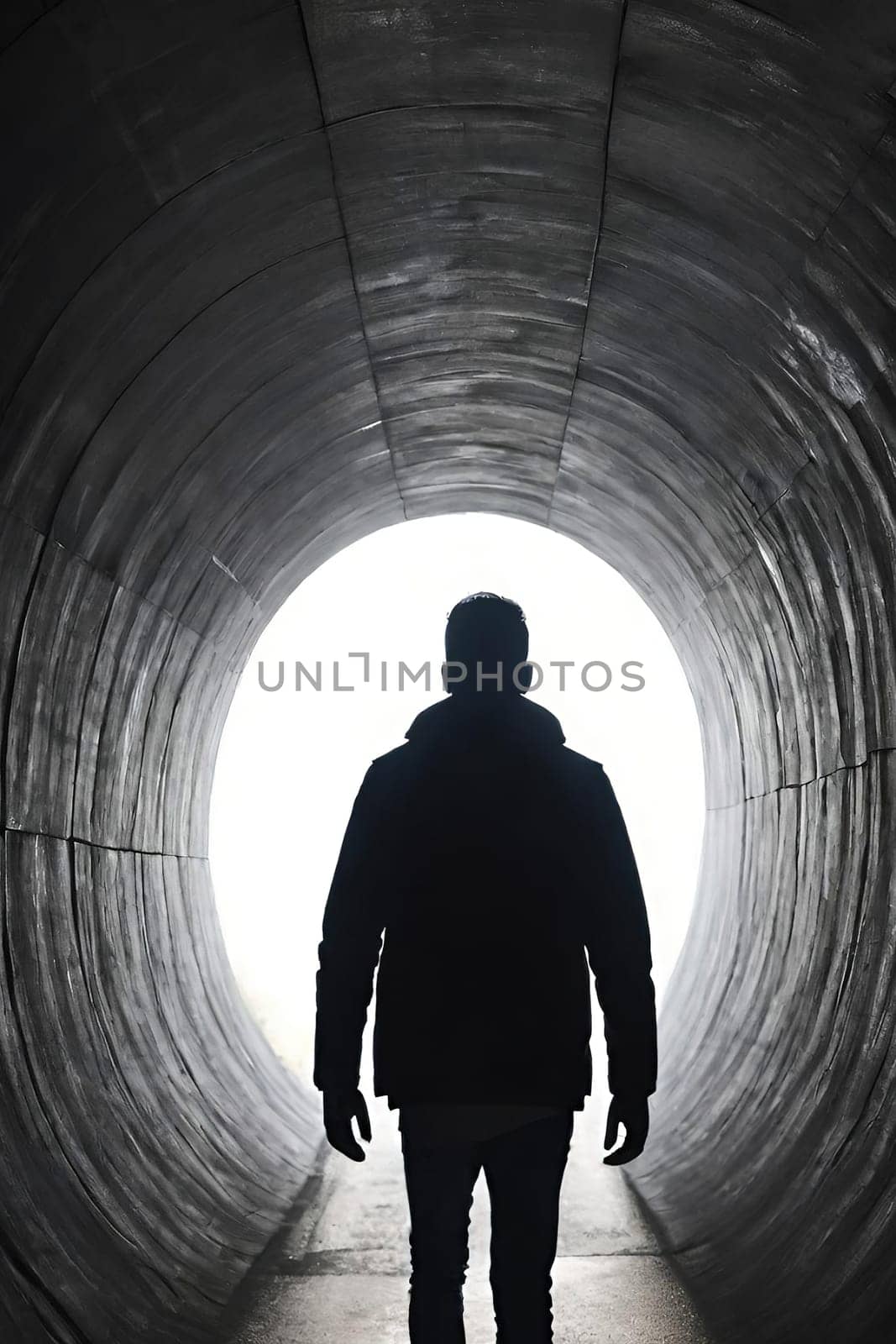 Silhouette of a man in a dark tunnel. Conceptual image. Business concept.Silhouette of a man standing in a dark tunnel with light.Silhouette of a man walking through a tunnel with light coming through.Man standing in a tunnel looking at the light coming from the end.