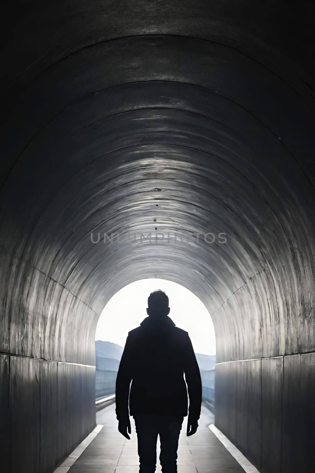 Silhouette of a man in a dark tunnel. Conceptual image. Business concept.Silhouette of a man standing in a dark tunnel with light.Silhouette of a man walking through a tunnel with light coming through.Man standing in a tunnel looking at the light coming from the end.