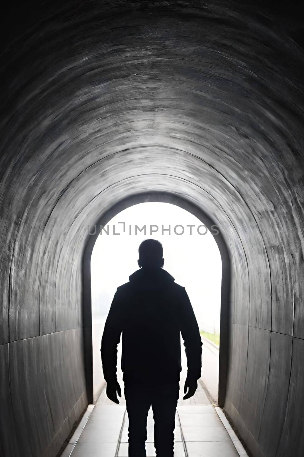 Silhouette of a man in a dark tunnel. Conceptual image. Business concept.Silhouette of a man standing in a dark tunnel with light.Silhouette of a man walking through a tunnel with light coming through.Man standing in a tunnel looking at the light coming from the end.