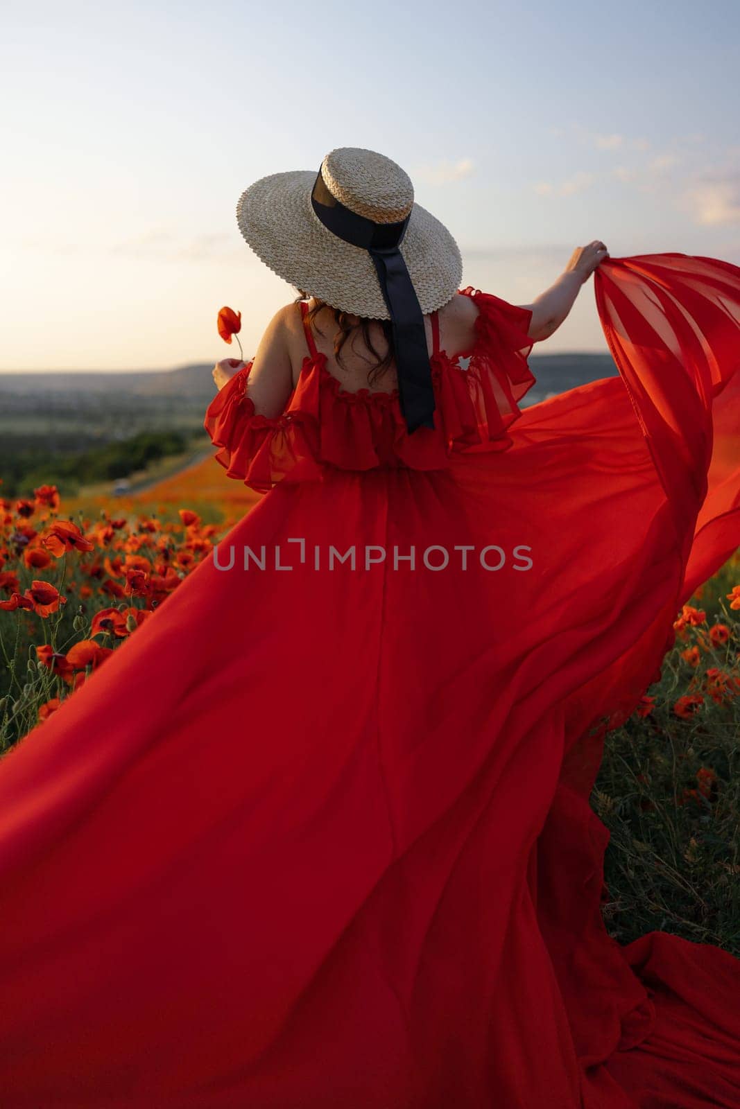 Woman poppy field red dress hat. Happy woman in a long red dress in a beautiful large poppy field. Blond stands with her back posing on a large field of red poppies. by Matiunina