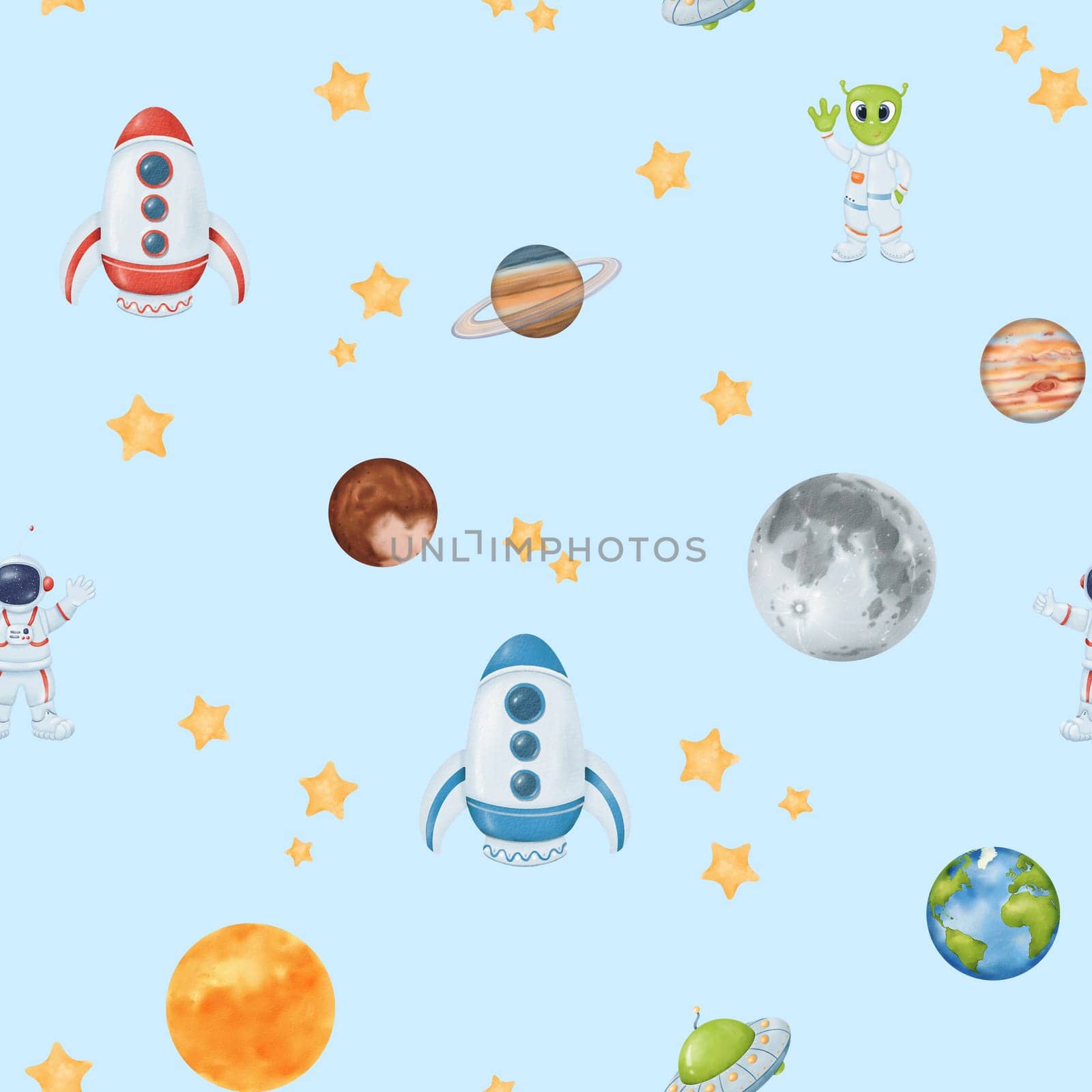 Watercolor seamless pattern of a starry sky. Blue background. Yellow stars, planet Earth, an astronaut, rocket, moon, and sun. Cosmic theme for kids. for wallpapers, children's rooms, textiles by Art_Mari_Ka