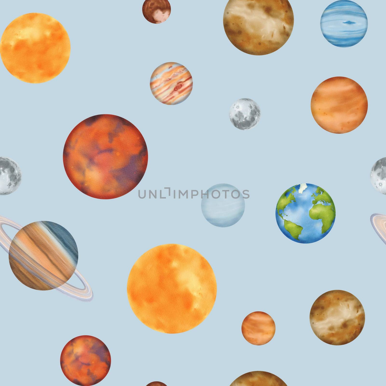 Seamless pattern The solar system. Mercury, Venus, Earth with its satellite, the Moon Mars, Jupiter, Saturn, Uranus, Neptune, and the dwarf planet Pluto. Blue background Watercolor by Art_Mari_Ka