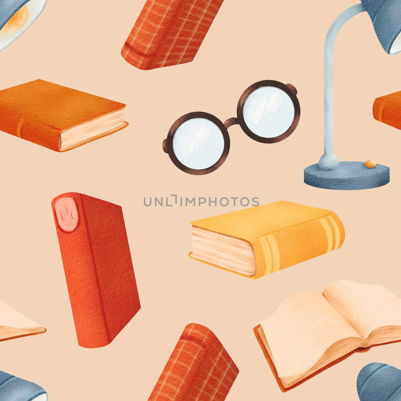 Watercolor seamless pattern of different books, blue desktop lamp, open retro book and round glasses. Back to school illustration. Bright illustration for design of bookshop, library, cover, card.