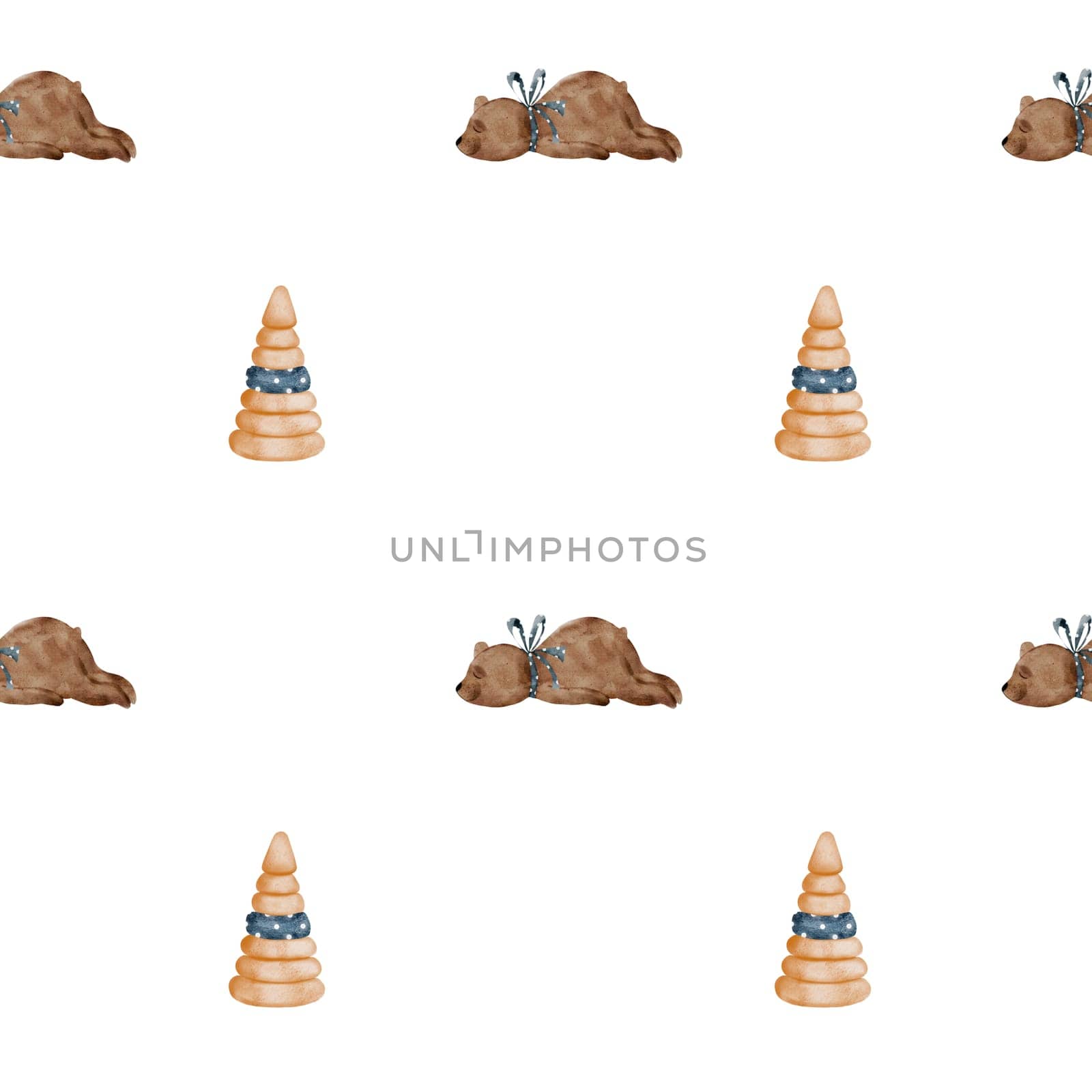 Watercolor seamless pattern of cute little plush bear with a blue bow and a wooden vintage pyramid. Kawaii drawing with an adorable teddy and a toy on a white background. For printing on children's textiles and baby shower wrapping paper. High quality illustration