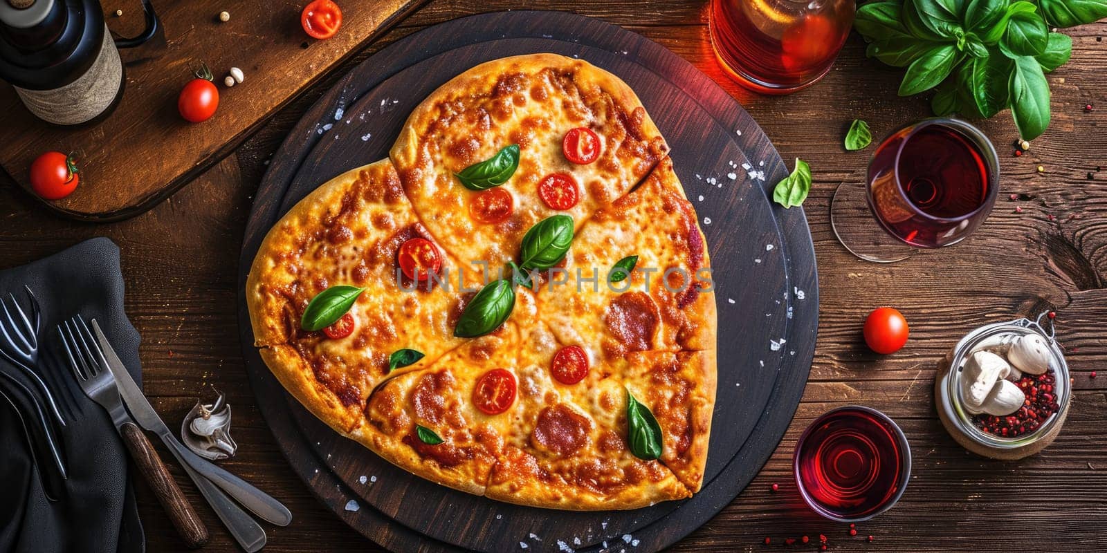 Heart shaped pizza for Valentines day on dark rustic wooden background pragma