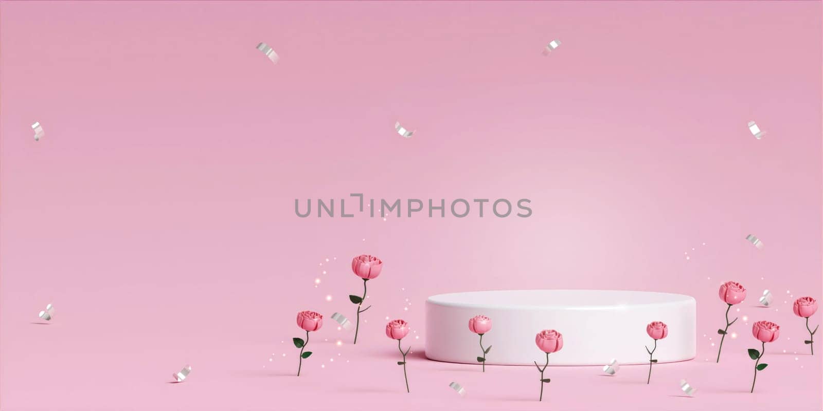 Abstract mock up scene. geometry podium shape for display product, pink balloon, pink rose, present and advertising. valentine heart love wedding concept. 3D rendering illustration by meepiangraphic