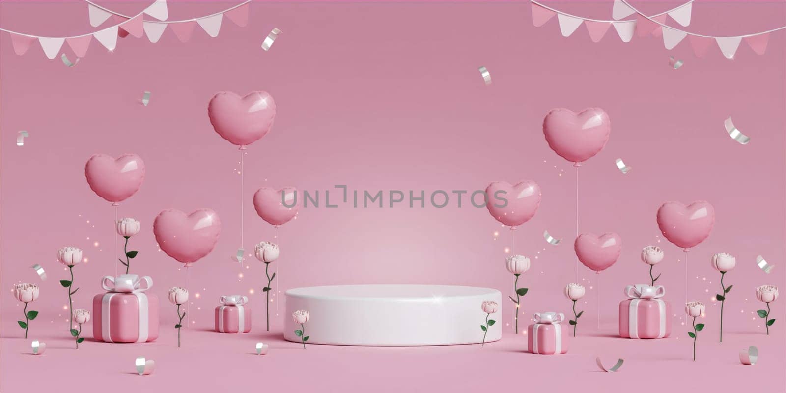 3d Happy valentine's day background with sale banner template with realistic 3d podium elements, gift box, balloons and ribbon with glitter light effects..