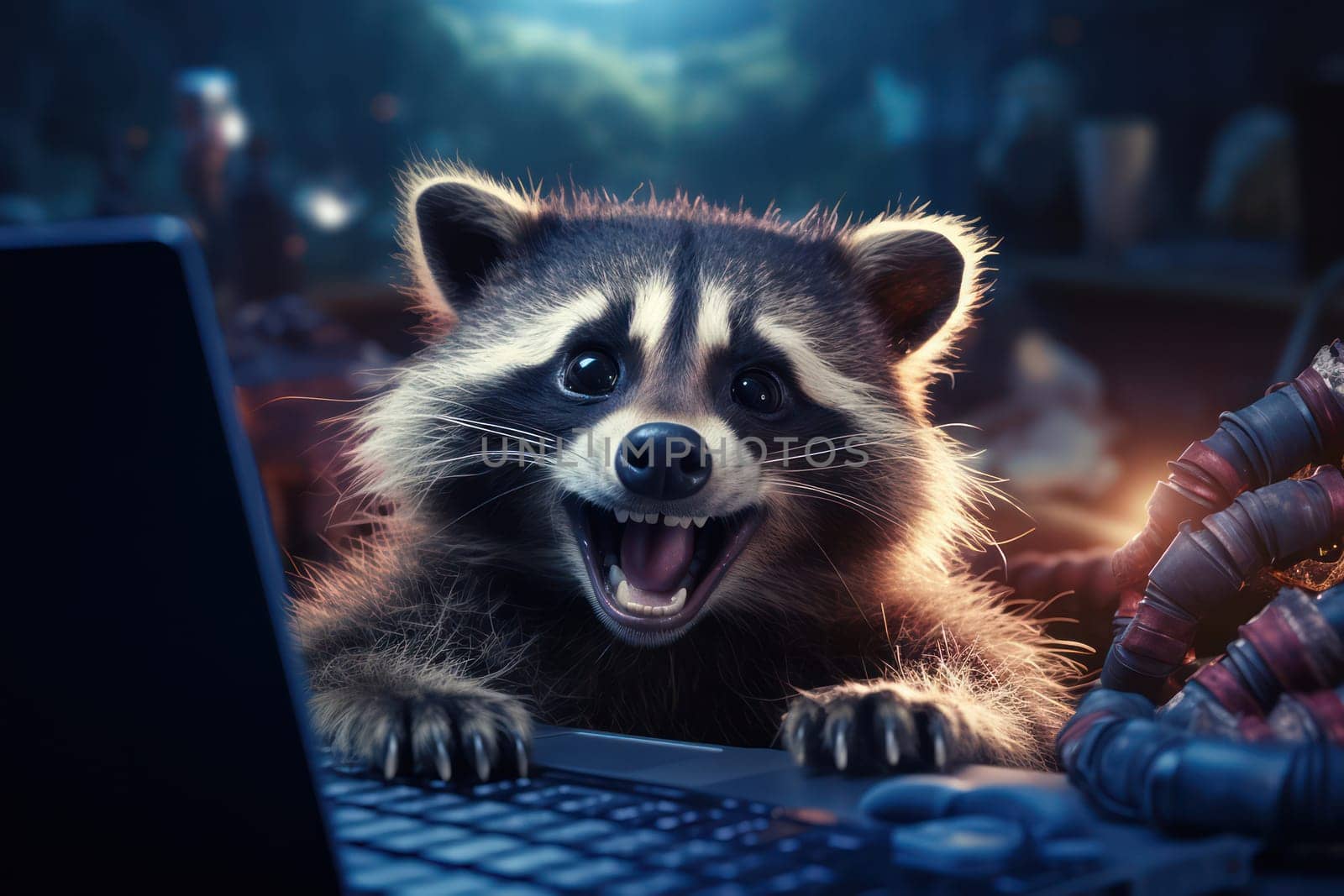 Curious Raccoon: Adorable Wildlife Portrait with Expressive Eyes, Resting in a Green Forest Background