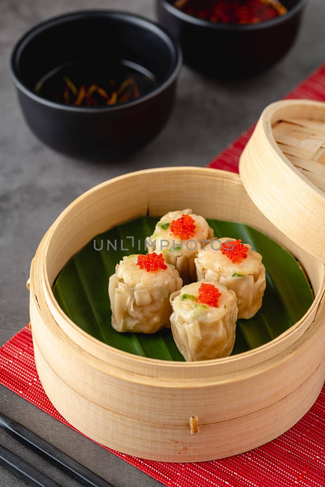 Shumai with shrimp and mushrooms, a traditional Chinese dumpling often served with dim sum by Sonat