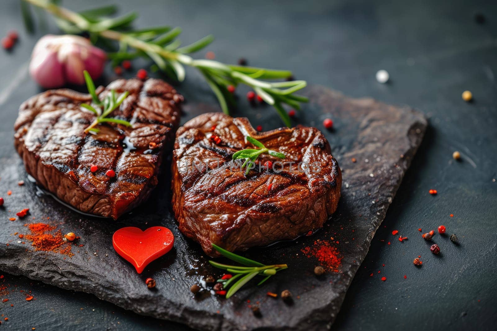 grilled beef steak for valentines day pragma in black background