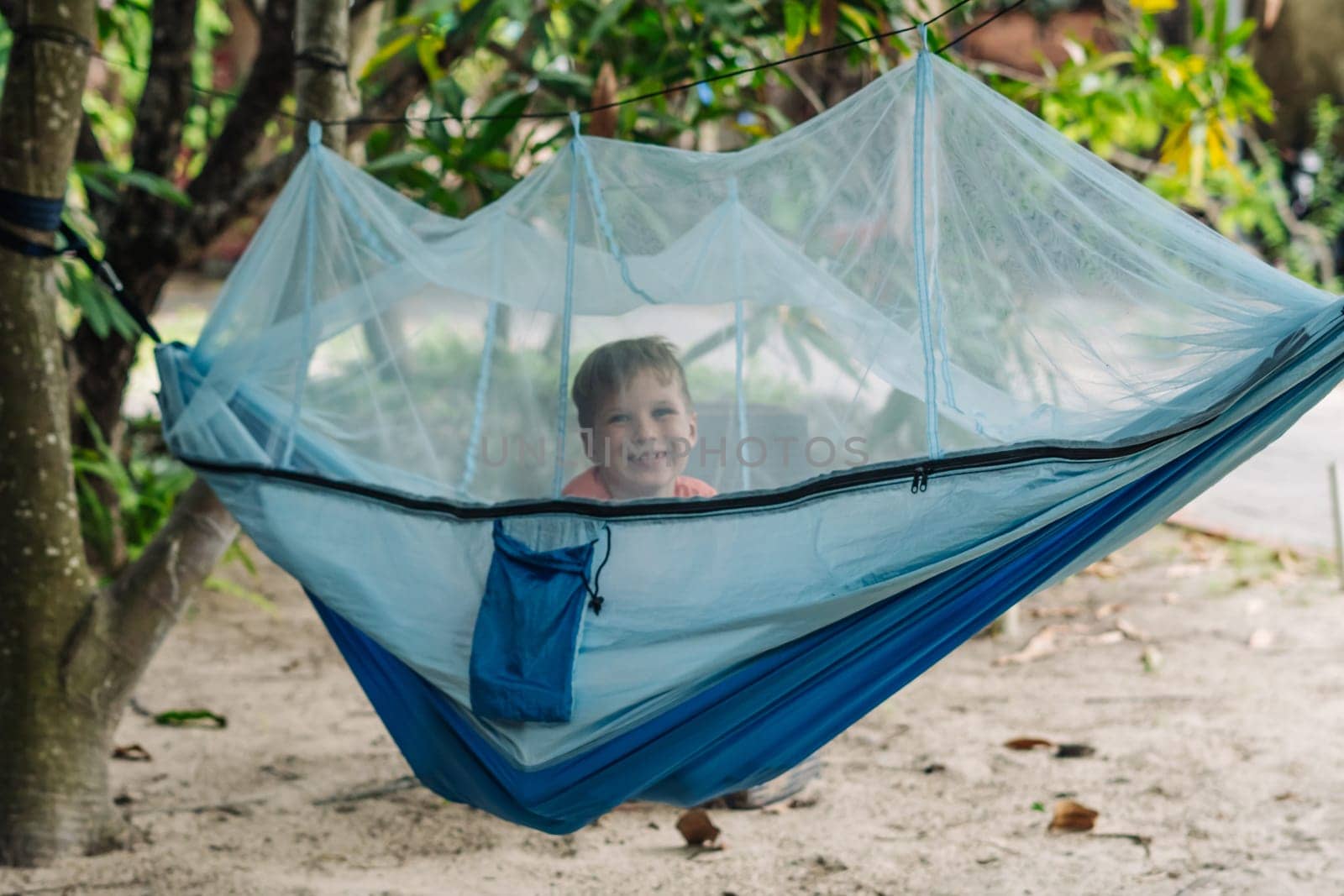 Smile child boy lie rest hammock with mosquito net. Happy childhood daydream. Look at from, laughing, portrait.