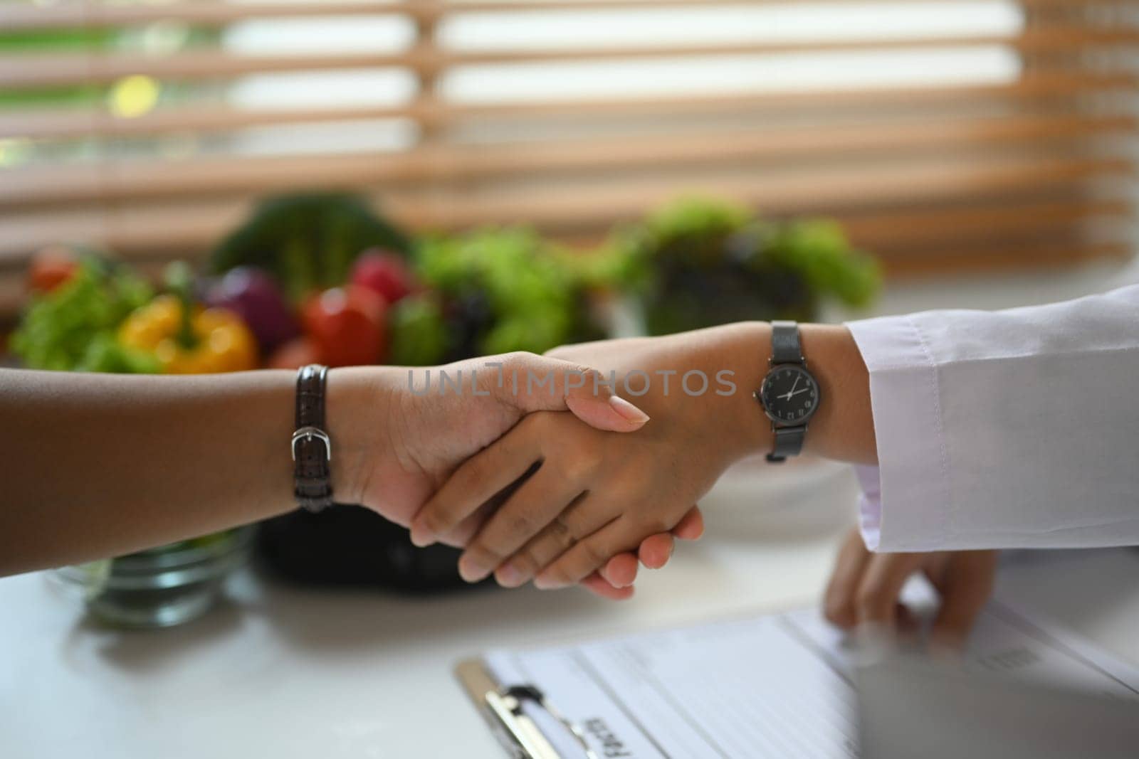 Cropped shot nutritionist shaking hands with patient at consultation in medical clinic. Health care concept.