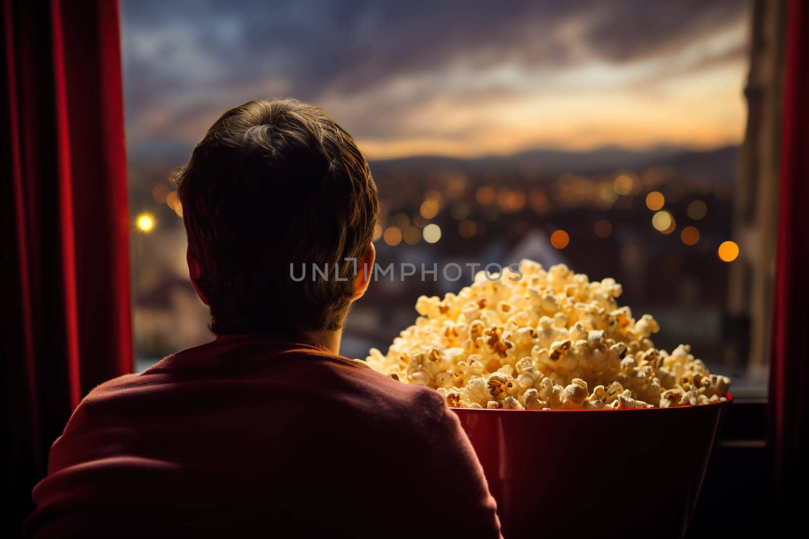 A man with a huge bowl of popcorn looks out the window.