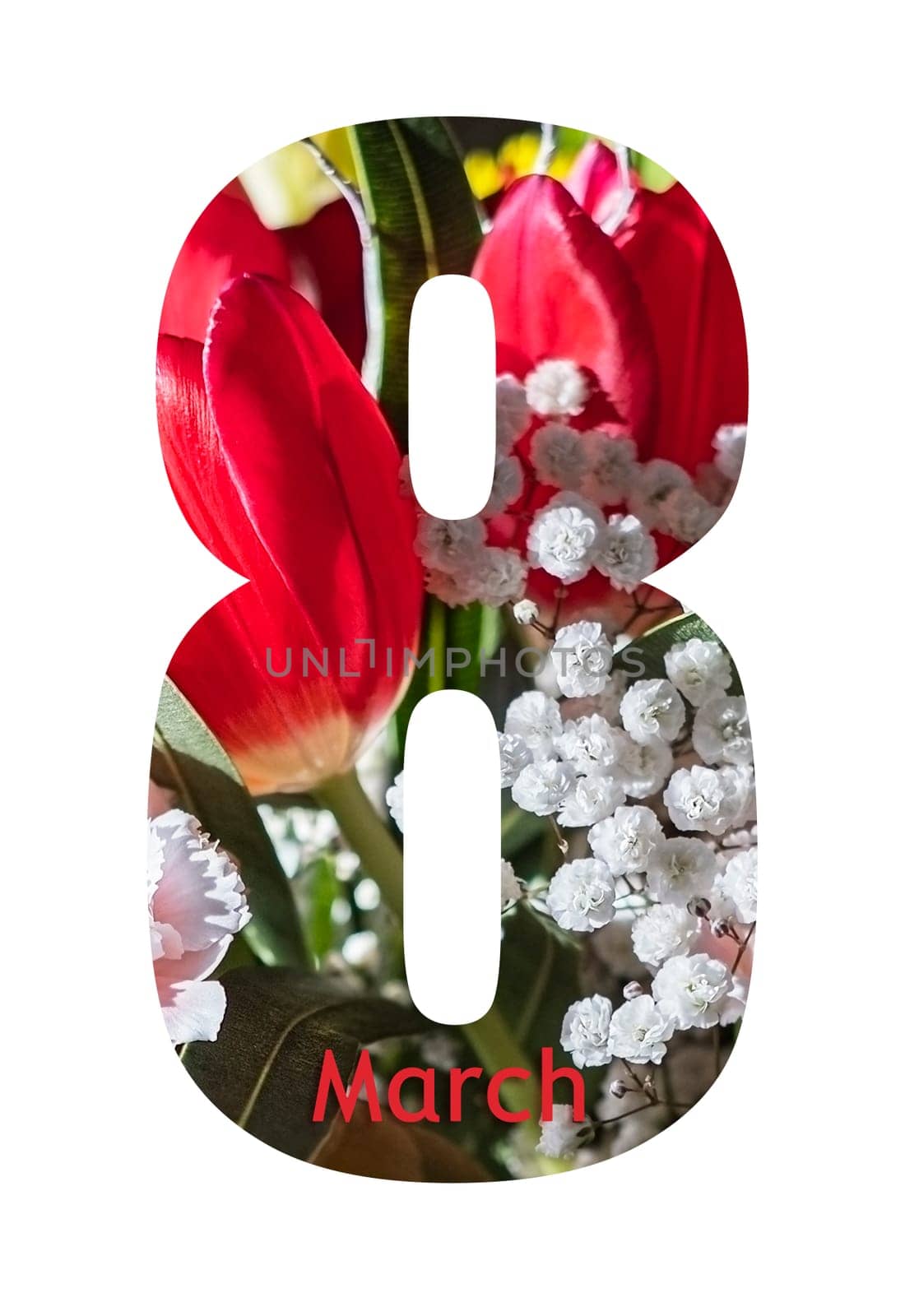 Number 8 greeting card design with beautiful flowers on white background. International Women's day.