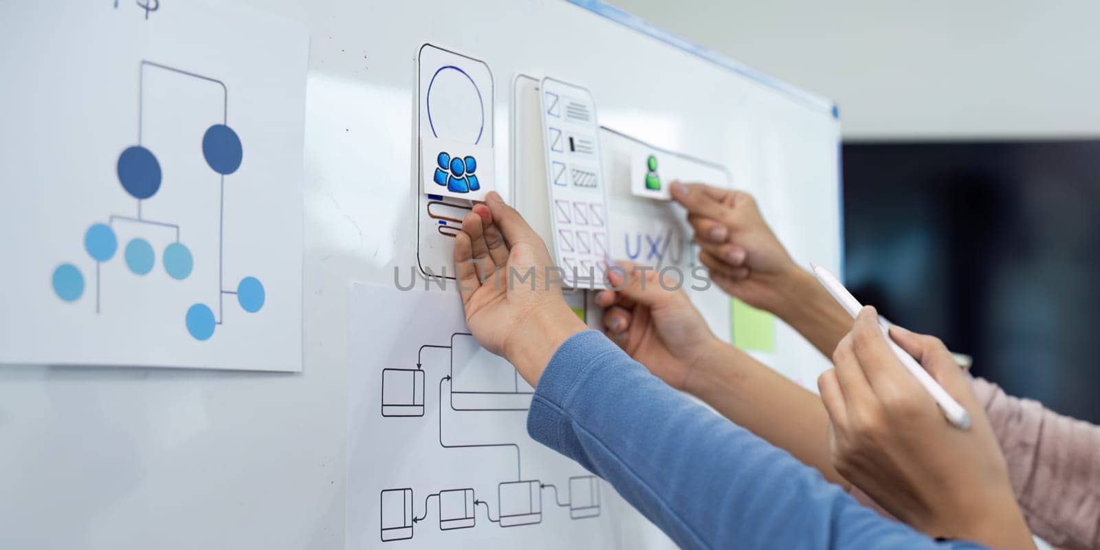 Close up ux developer and ui designer brainstorming interface wireframe design. Creative digital development agency.