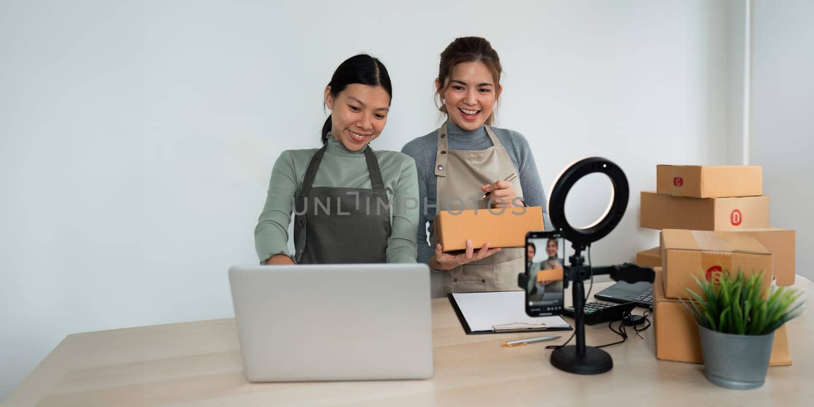 Young business woman entrepreneur online shipment business is preparing packages to send to customer. e-commerce concept.