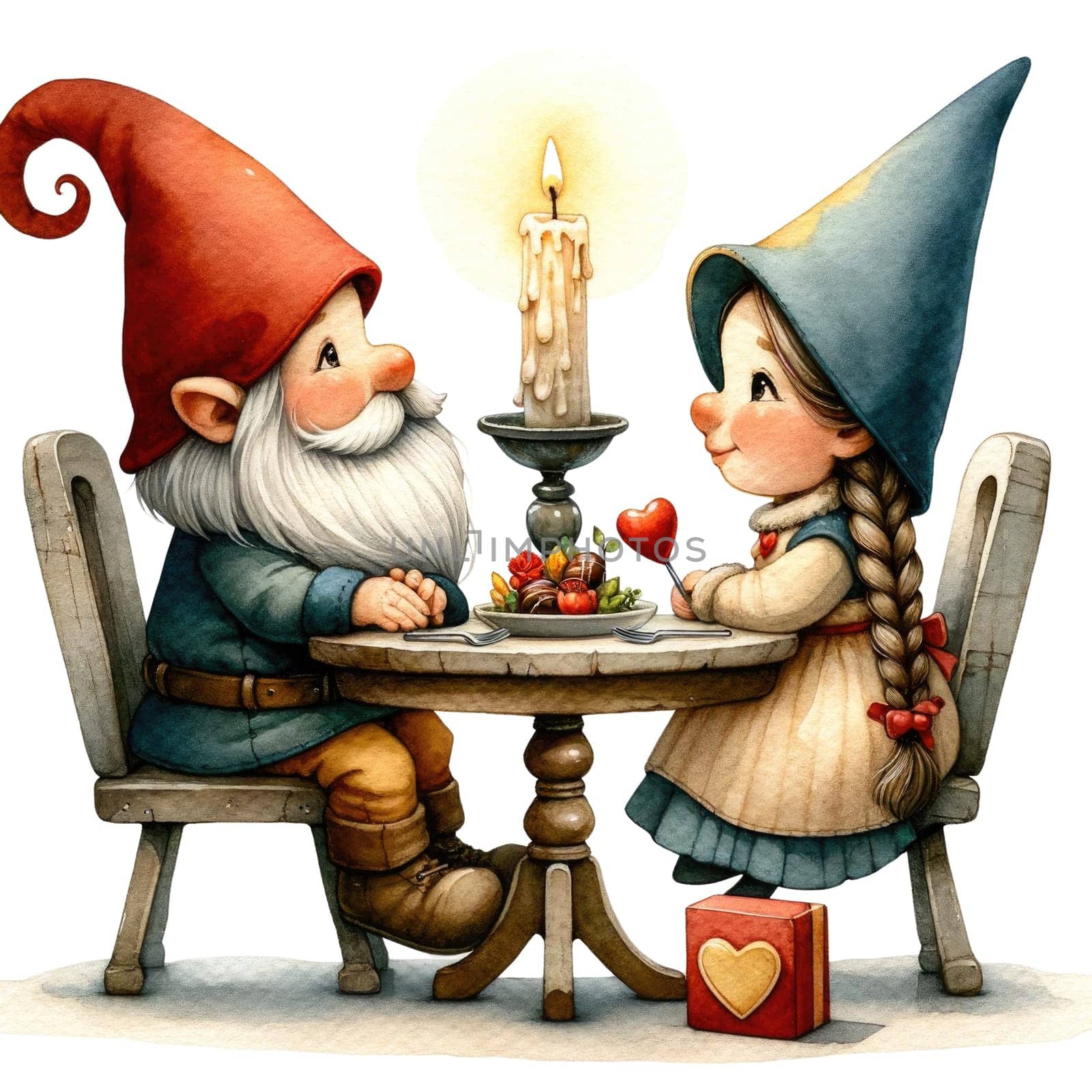 Valentines gnome, love Nordic gnome, Scandinavian gnomes, Watercolor cute valentines day postcard. Vellichor.