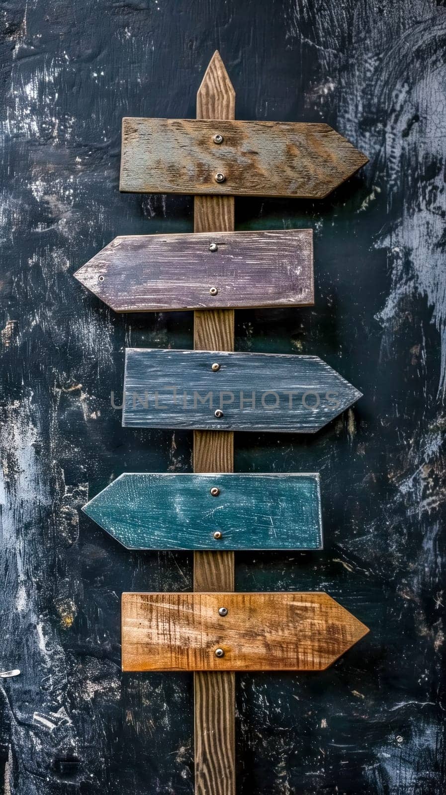 Wooden directional sign with multiple arrows pointing in different directions on a grunge black background. by Edophoto