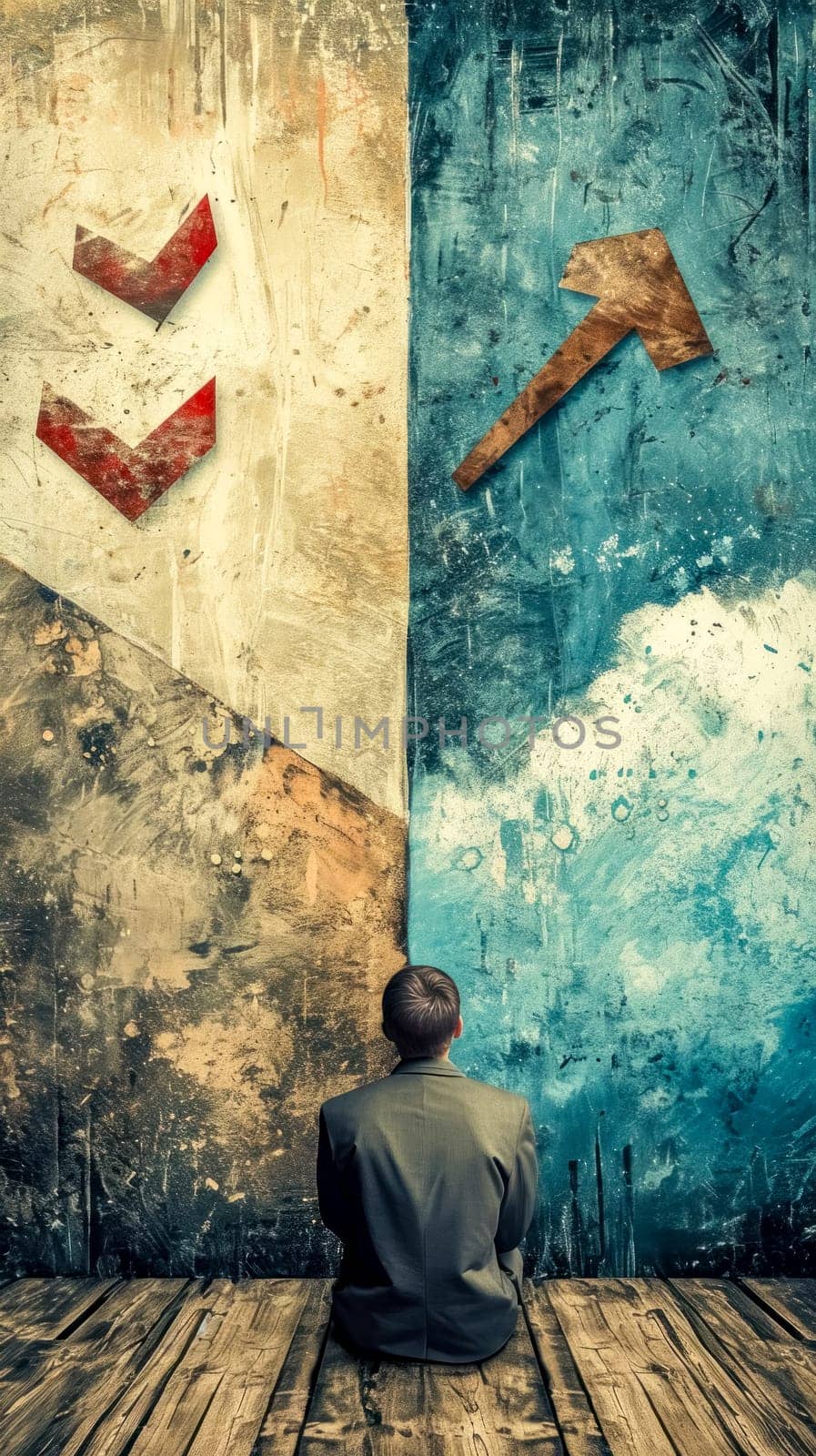 seated person in contemplation, facing a wall split between two contrasting sides, one with red downward arrows, suggesting decision-making and direction by Edophoto