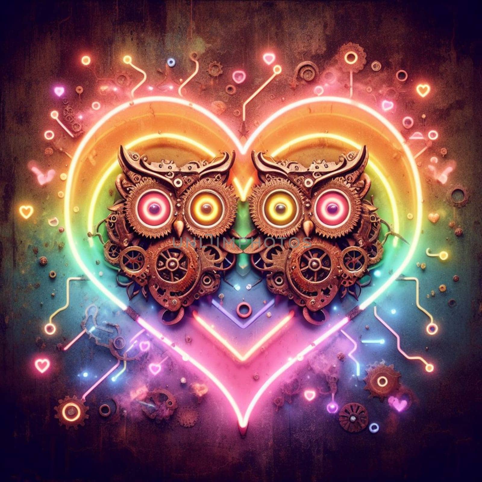 steampunk owl king and queen in love neon sign valentines illustration concept rusty background generative ai art