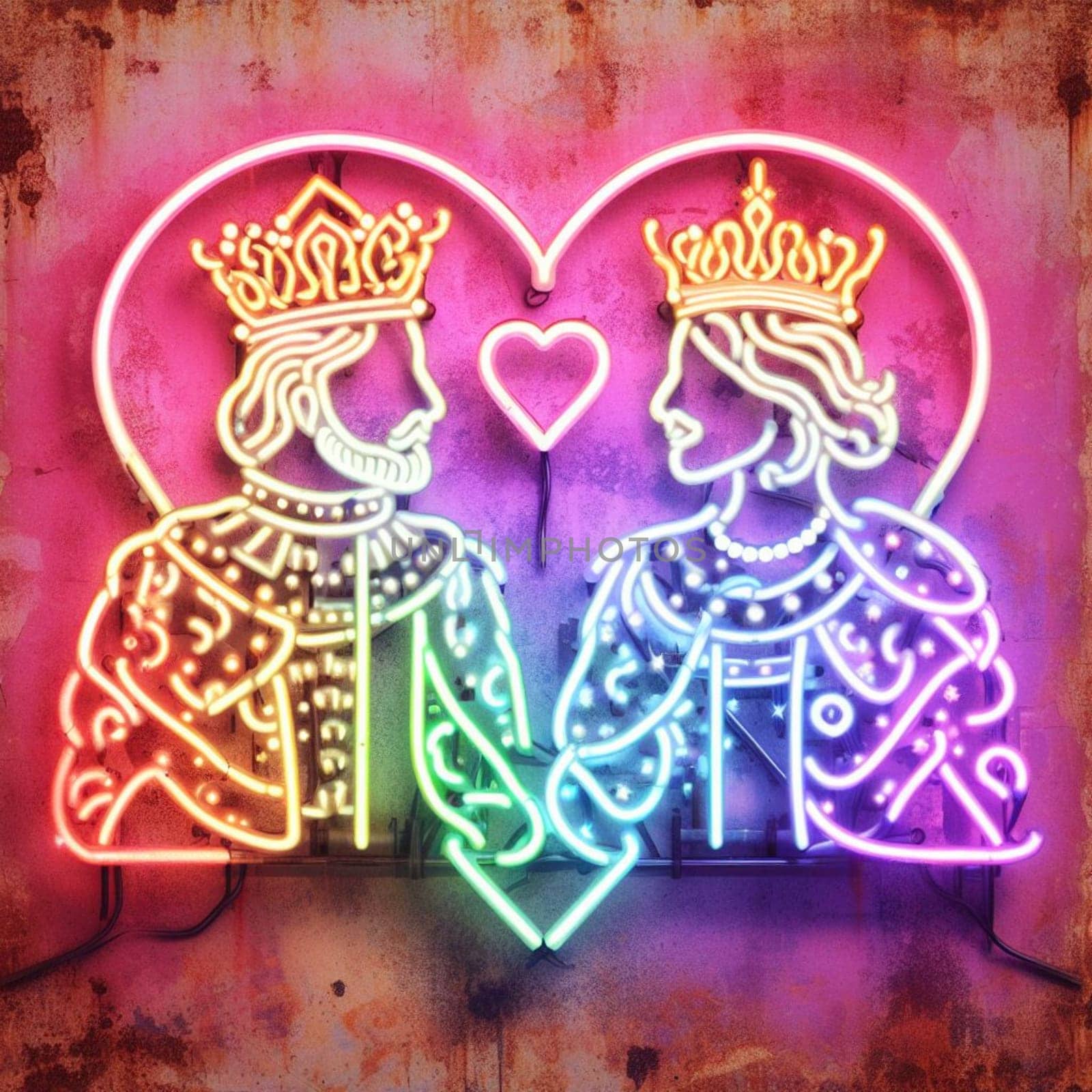 steampunk king and queen in love neon sign valentine illustration concept rusty background by verbano