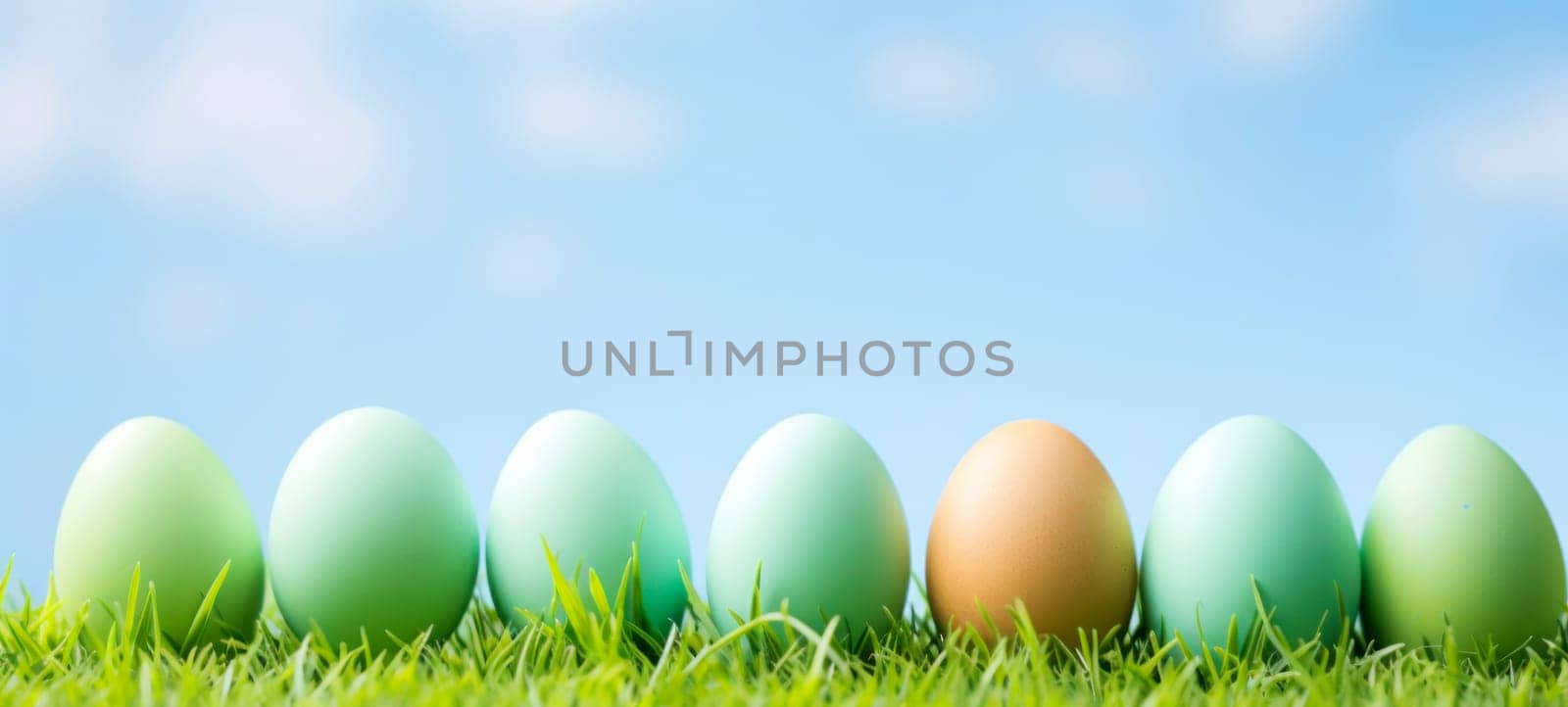 A vibrant display of colorful Easter eggs lined up in a row on lush green grass under a clear blue sky, celebrating the joy of Easter.