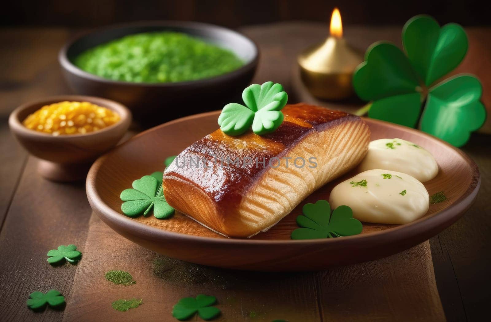 St. Patrick's Day concept. A piece of fish steak on a wooden plate with a decoration of green clover leaves. Close-up.