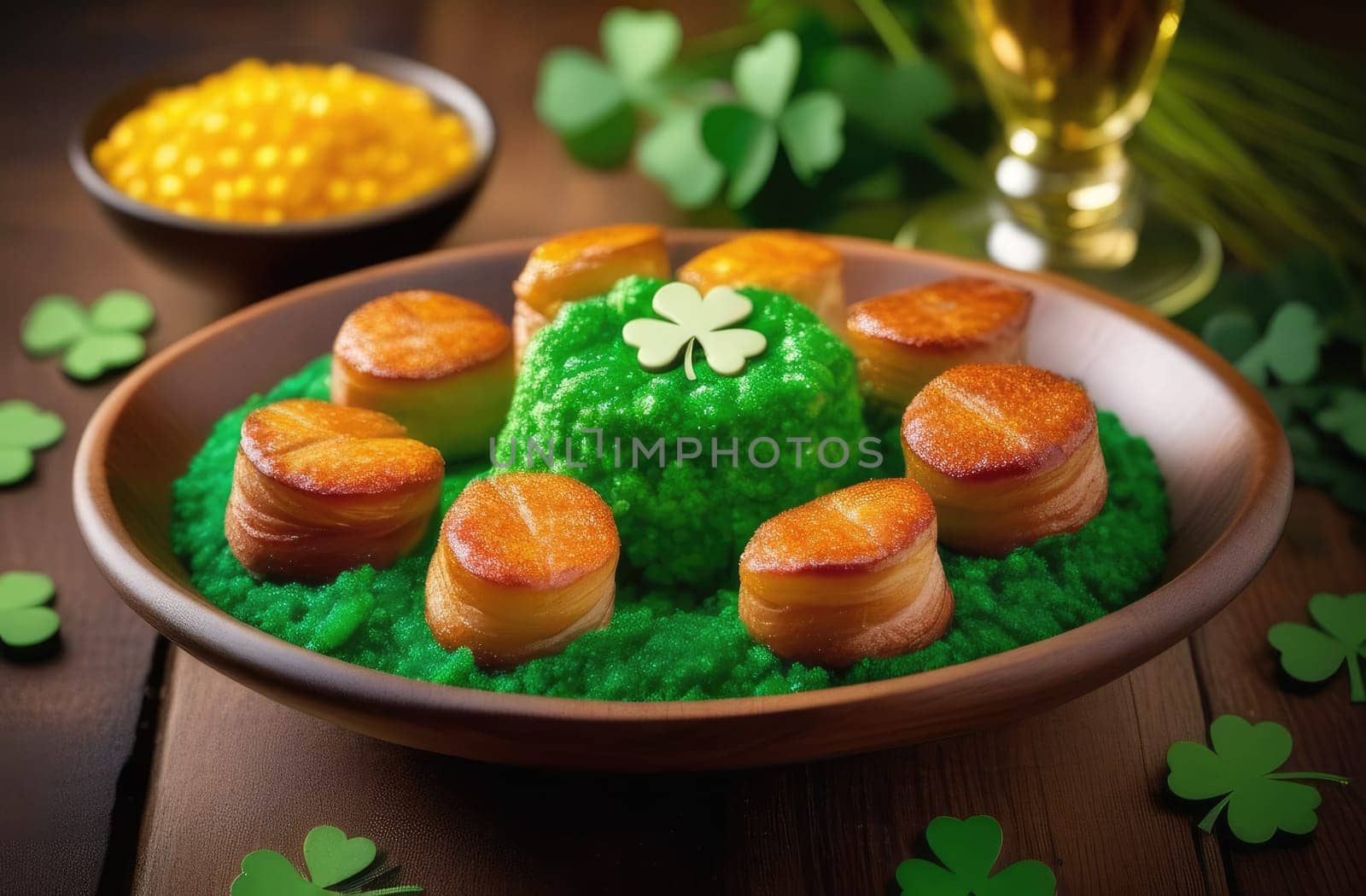 St. Patrick's Day concept. Shepherd's pie on a wooden plate with shamrock decoration, green clover leaves. Holiday dinner. Close-up.