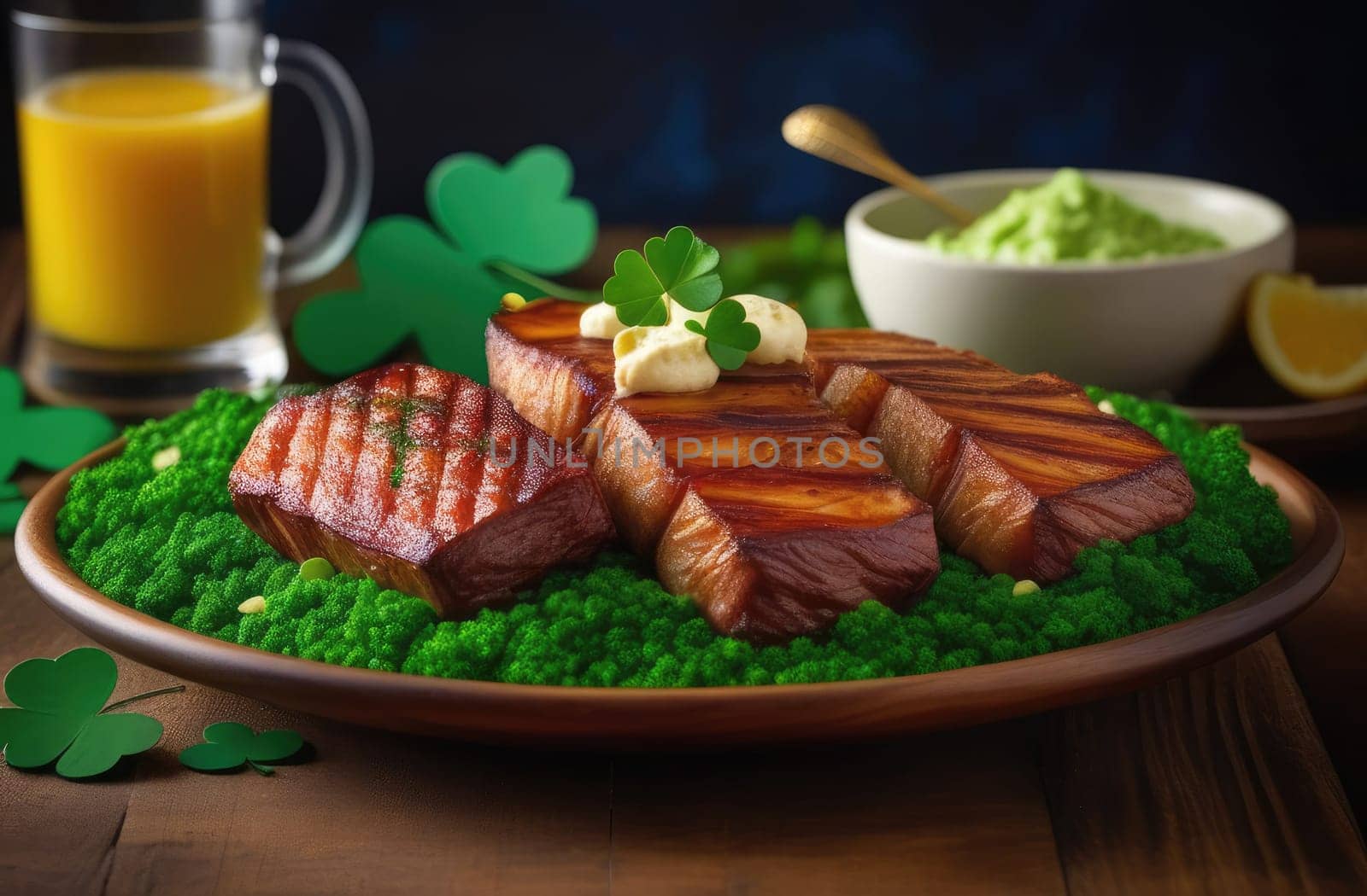 St. Patrick's Day concept. Three fish steaks on the festive table. Decoration made from green clover leaves. Irish tradition. Close-up.