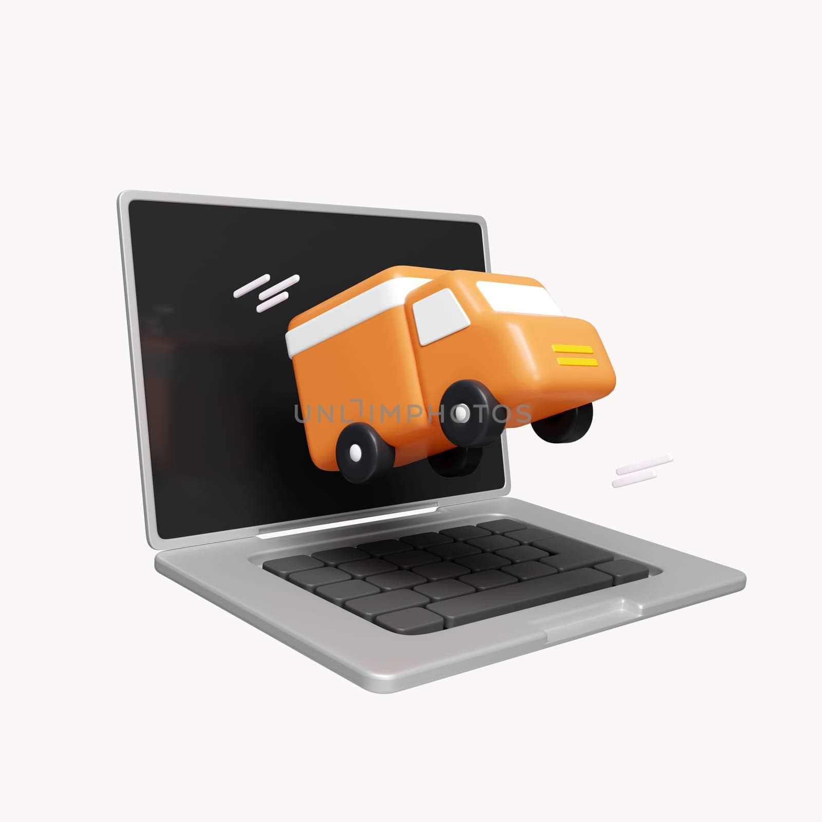 3d Shipping service online isometric concept with laptop and truck. Logistic digital shopping advert. icon isolated on white background. 3d rendering illustration. Clipping path..