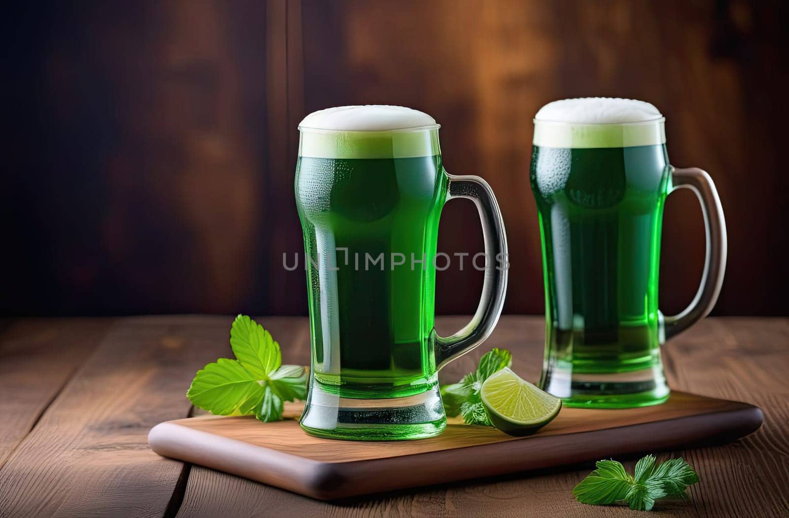 St. Patrick's Day, concept. Two glasses of green beer with foam stand on a wooden board on the table, next to there is a decoration of green mint and lime. close-up.