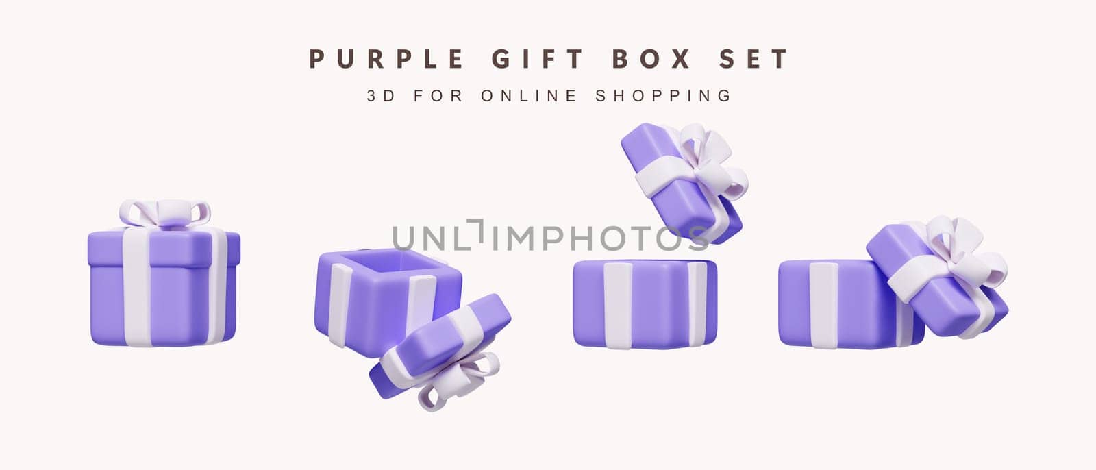 3d Set of purple gift box for shopping concept. icon isolated on white background. 3d rendering illustration. Clipping path..