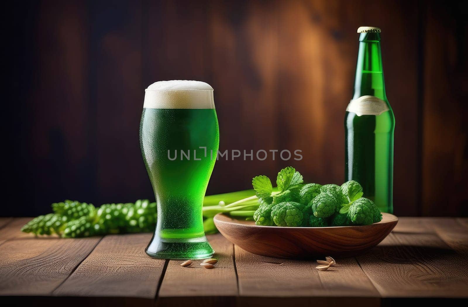 St. Patrick's Day, concept. One glass of green Irish beer with foam and a bottle of green beer stand on a wooden table, in a plate there is a hop plant. close-up.