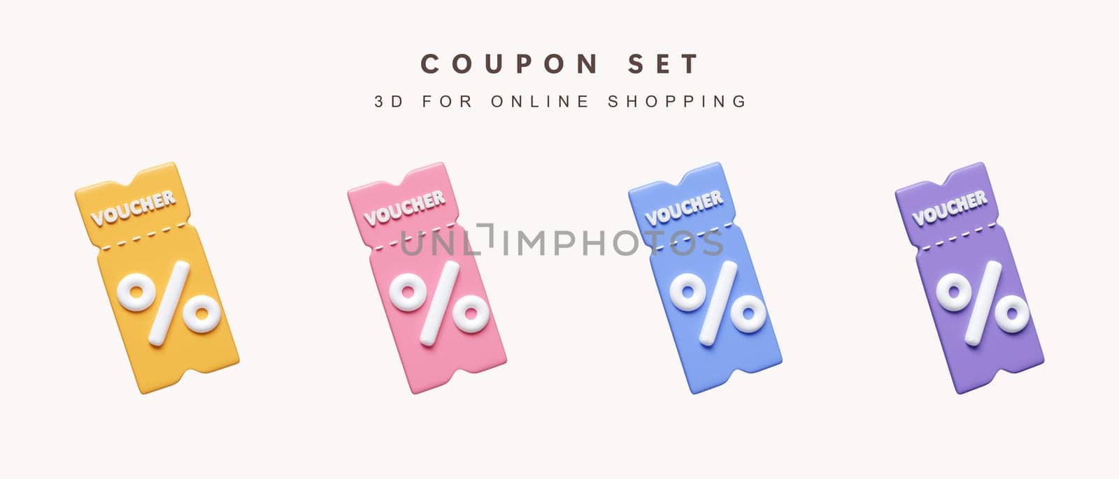 3d Set of color coupon discount for shopping online concept. icon isolated on white background. 3d rendering illustration. Clipping path..